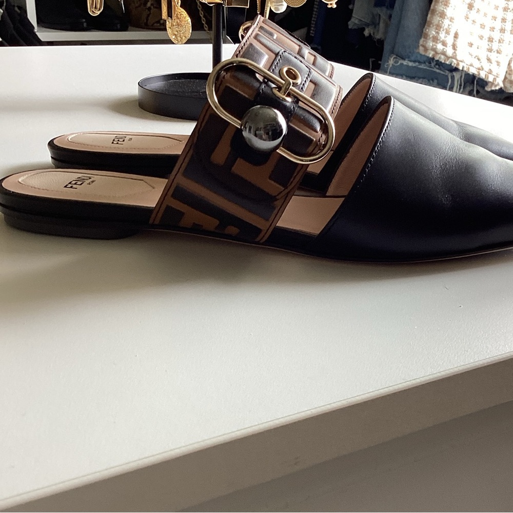 Fendi Black/Brown Zucca Leather Pointed Toe Flat Mule - Picture 3 of 12